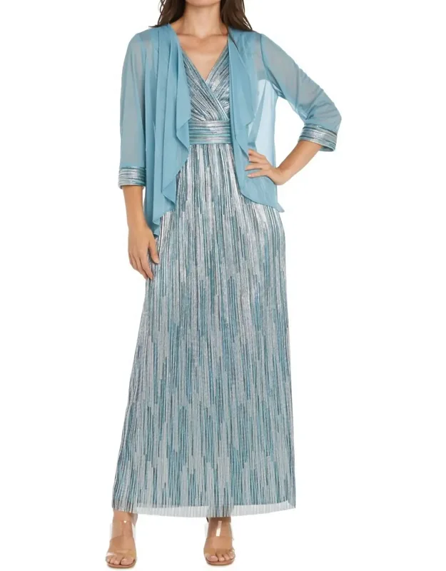 Metallic Platter Dress With Removable Sheer-sleeve Jacket Set