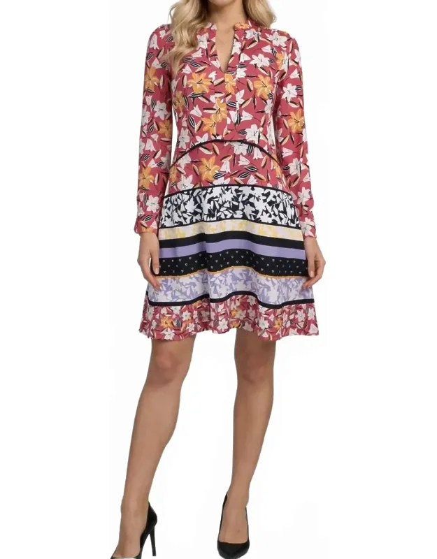 Floral Print Long Sleeve Split V-neck Dress