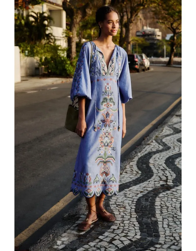 Garden Tapestry Embroidered Long Sleeve Midi Dress