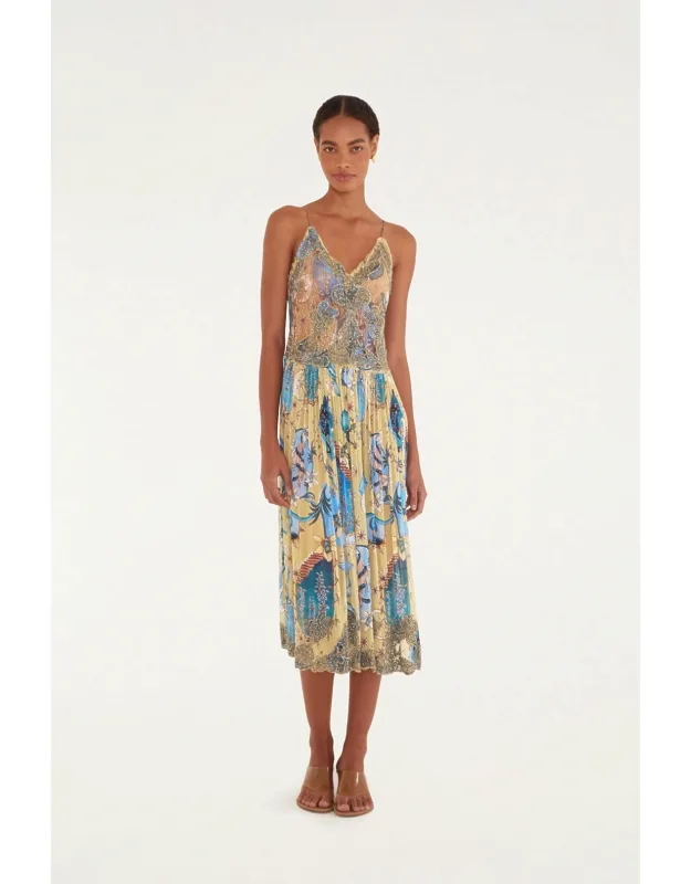 Sand Mystical Sleeveless Pleated Midi Dress