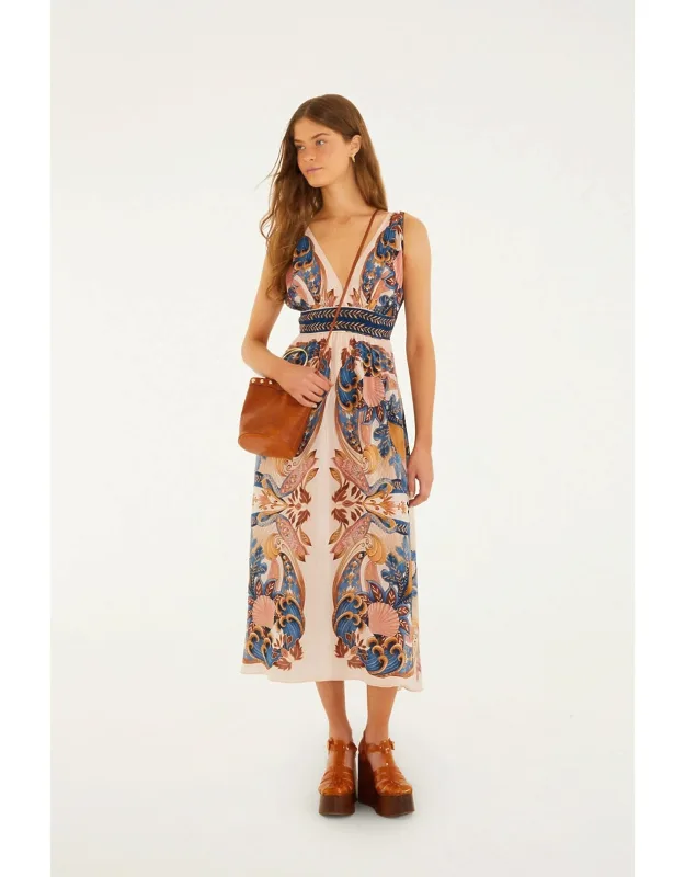 Soft Pink Garden Scarf V Neck Midi Dress