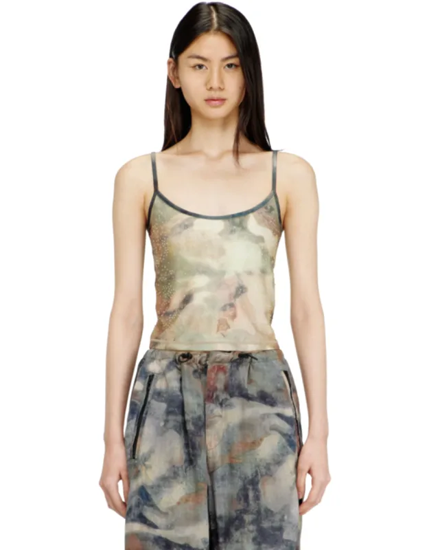 Nylon Skinny Top With All-over Camou And Crystal Details