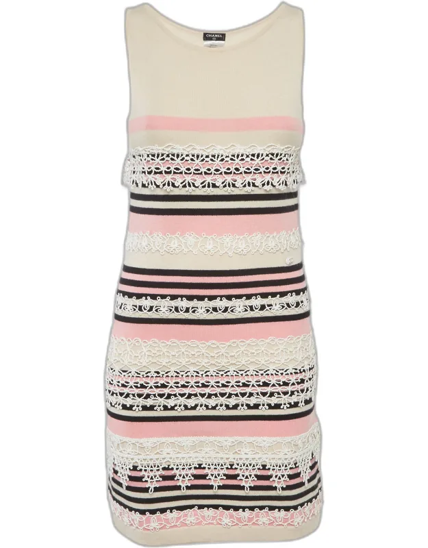 Striped Lace Insert Cashmere Knit Dress