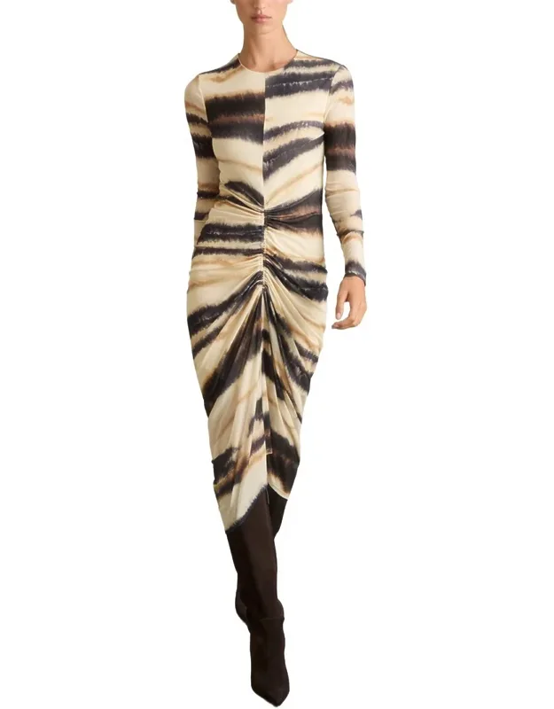 Printed Ruched Wool-blend Dress