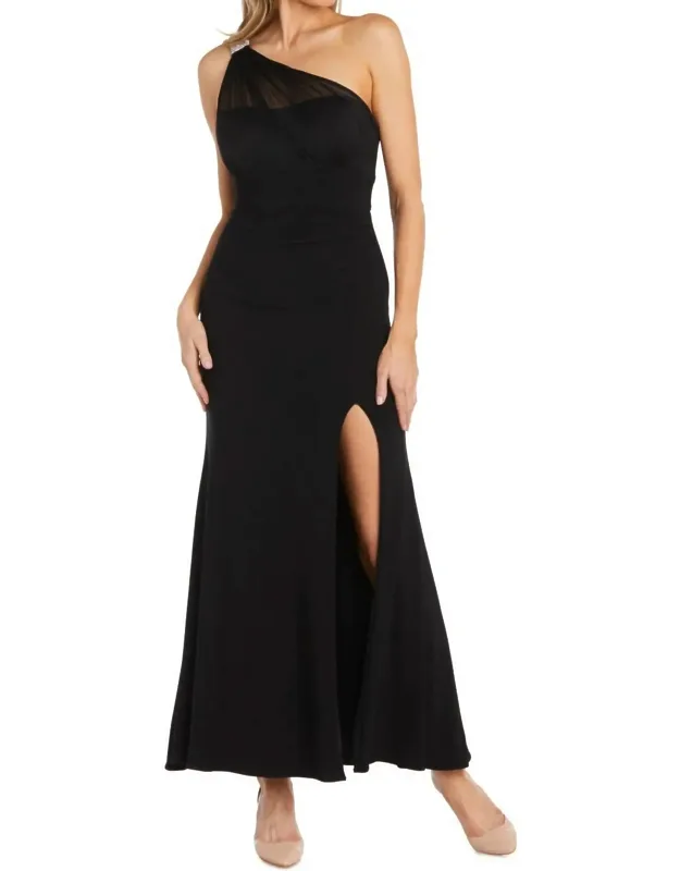One Shoulder Cape Gown With Rhinestone Detailing