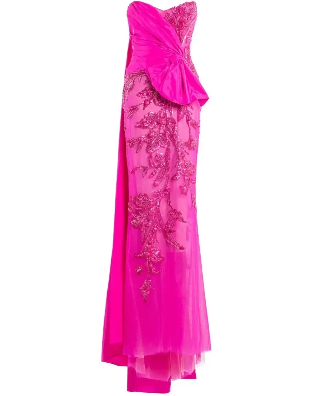 Tulle Strapless Beaded Dress With Taffeta Draping And Tail