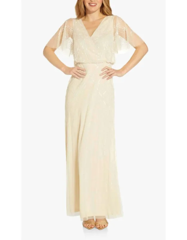 Beaded Flutter Sleeve Evening Dress