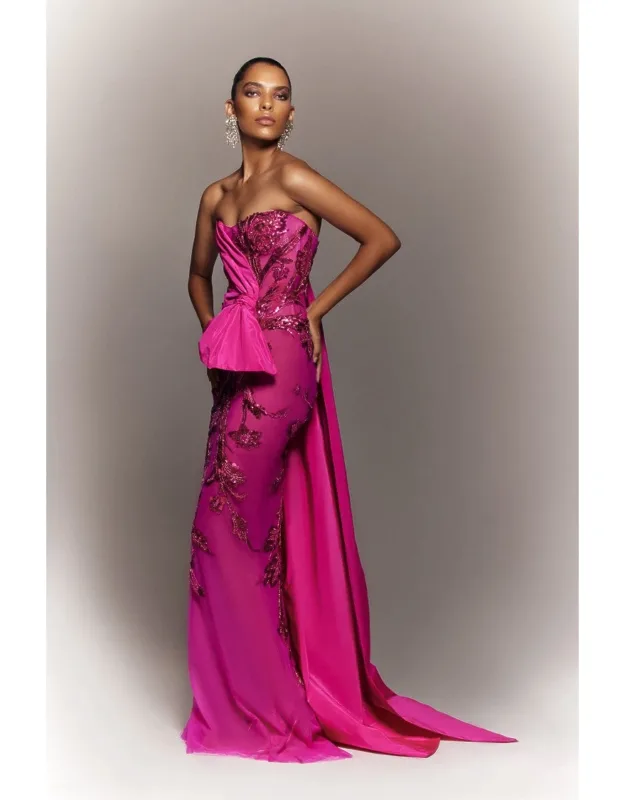 Tulle Strapless Beaded Dress With Taffeta Draping And Tail