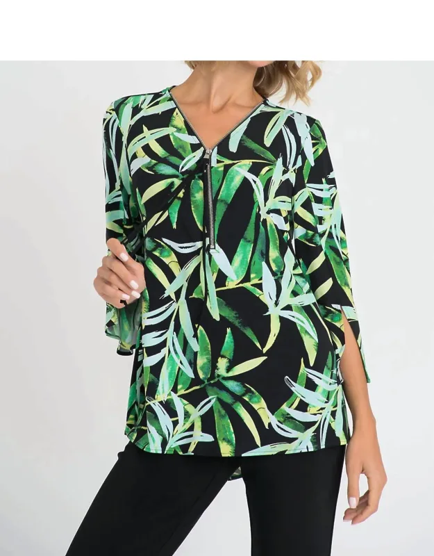 Zip Front Split Sleeve Print Tunic