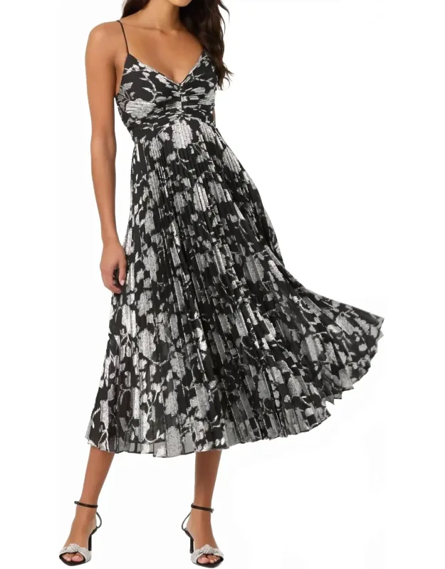 Metallic Pleated Midi Dress