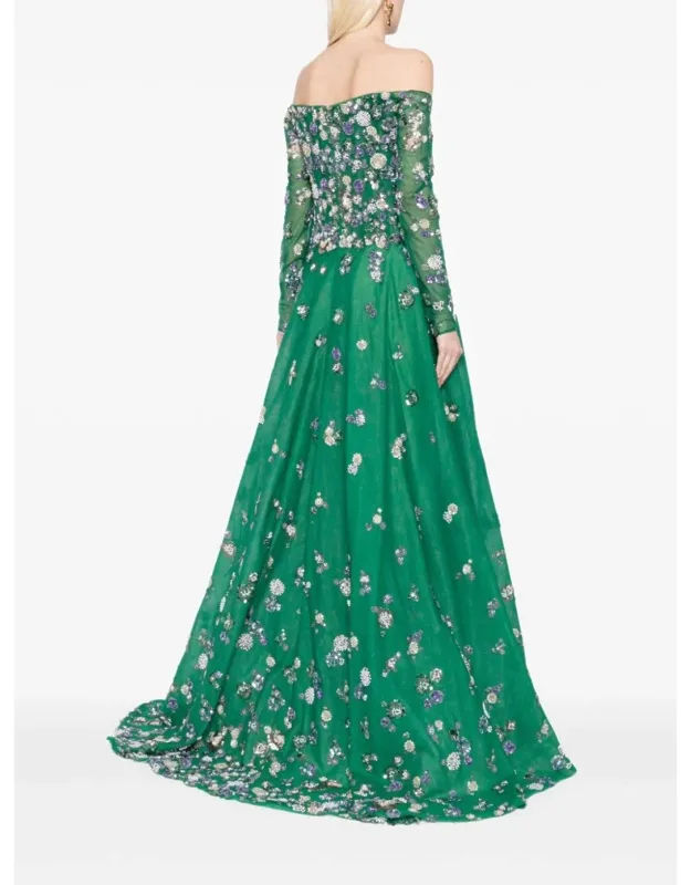 Tulle Beaded Dress With Off-shoulder Sleeves