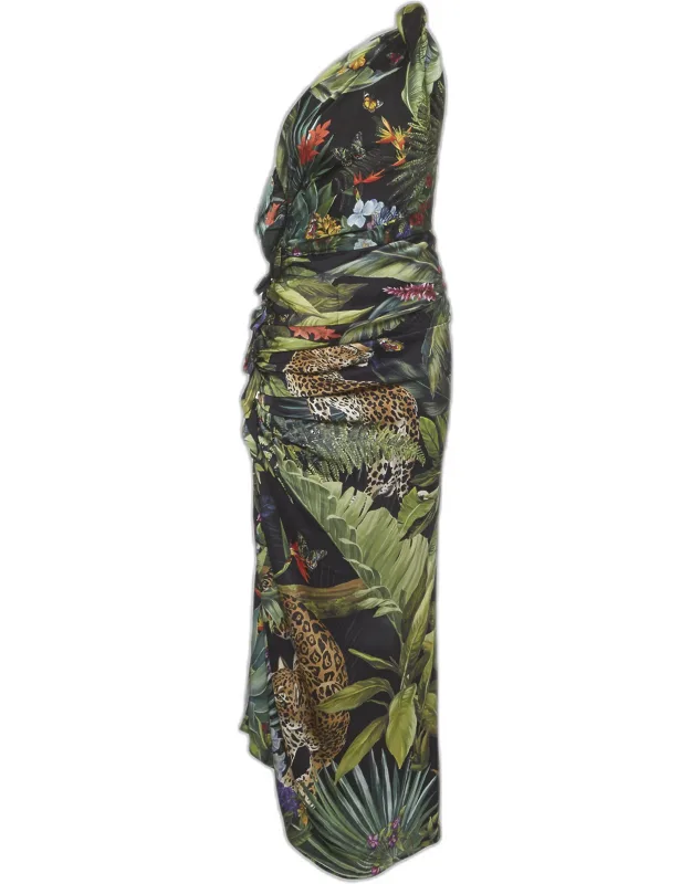 Multicolor Jungle Print Silk One-shoulder Ruched Dress