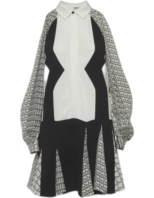 Monochrome Abstract Pattern Silk & Crepe Flared Mini Dress