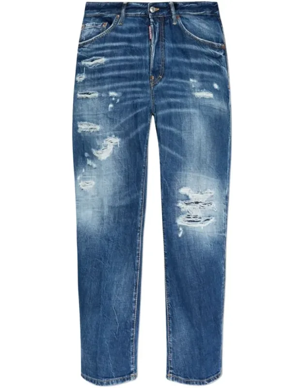 Distressed Denim Jeans With Five-pocket Design
