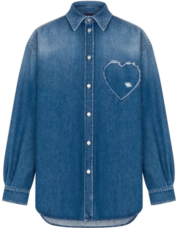 Frayed Heart-patch Denim Shirt
