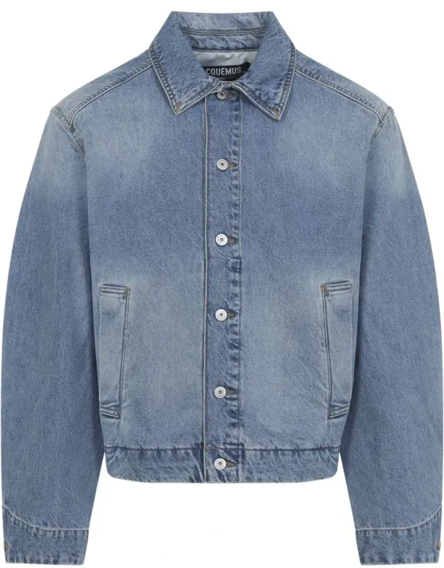 Cropped Denim Jacket With Pointed Collar And Button-up Front