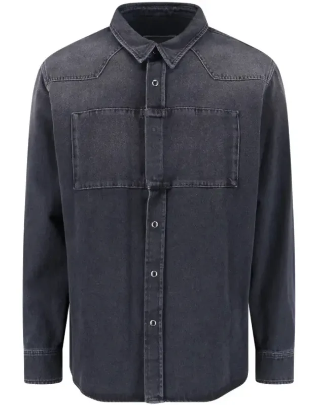 Denim Shirt With Visible Stitching And Curved Hem