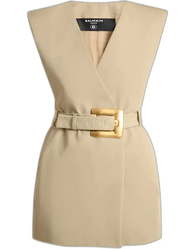 Belted Gabardine Sleeveless Mini Dress