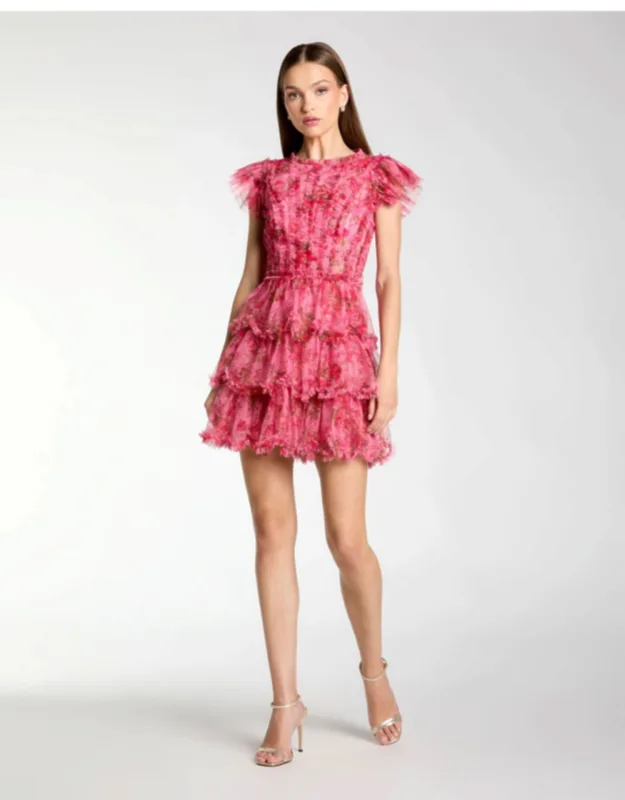 Floral High Neck Cap Sleeve Ruffle Mini Dress