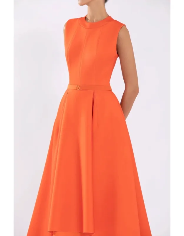 Neoprene Dress With Fitted Bodice And Pleated Skirt