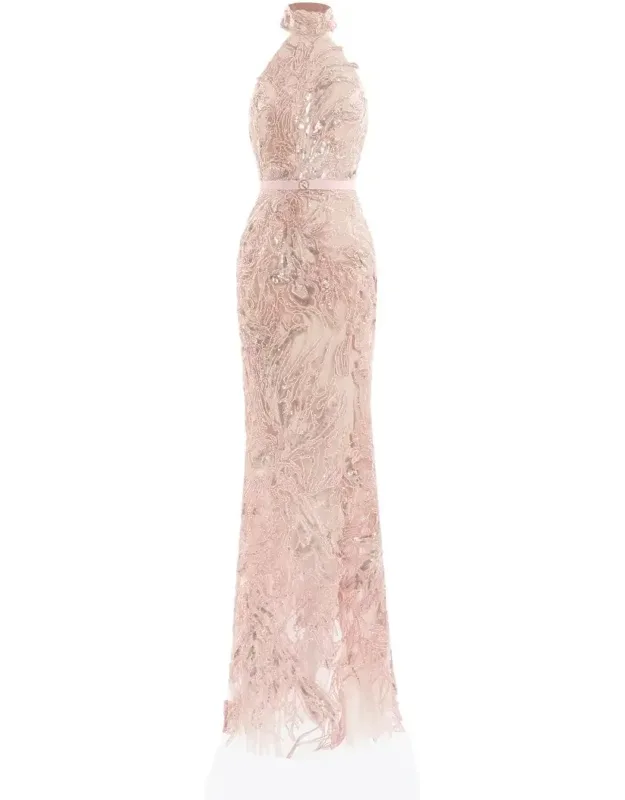 Embroidered Long Dress With Halter Neck And Daring Slit