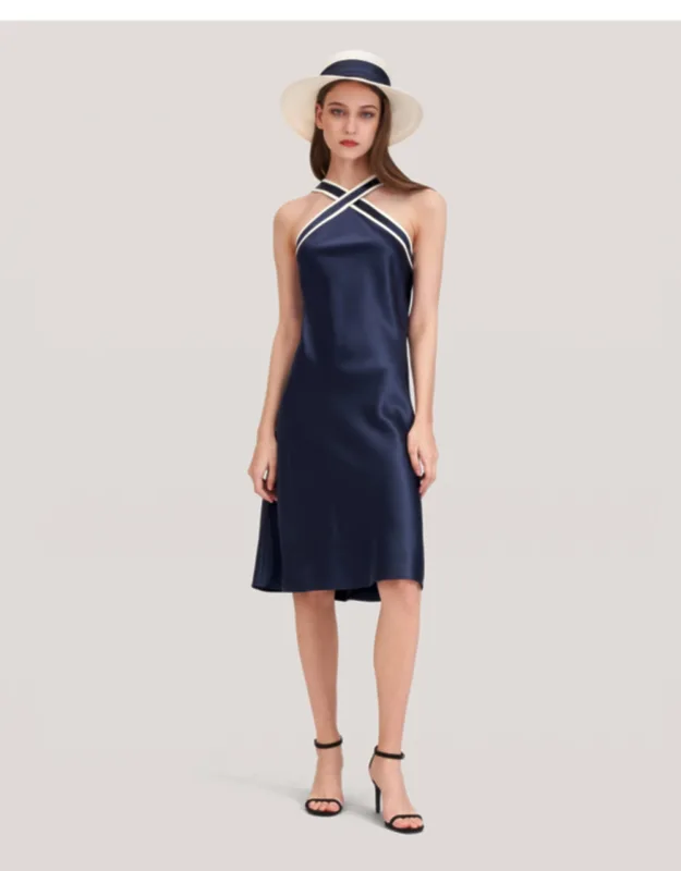 Glossy Camellia Silk Halter-neck Dress