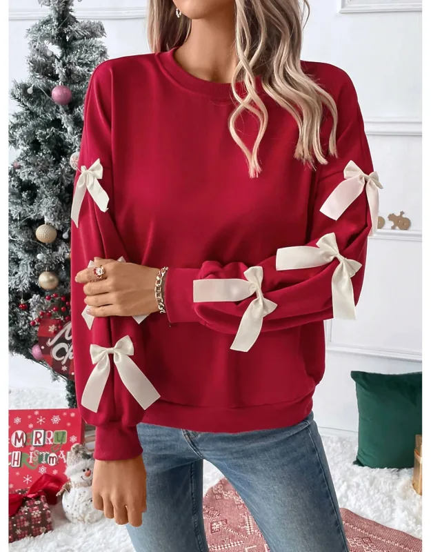 Solid Color Round Neck Bow Embellished Lace Pullover Sweatshirt
