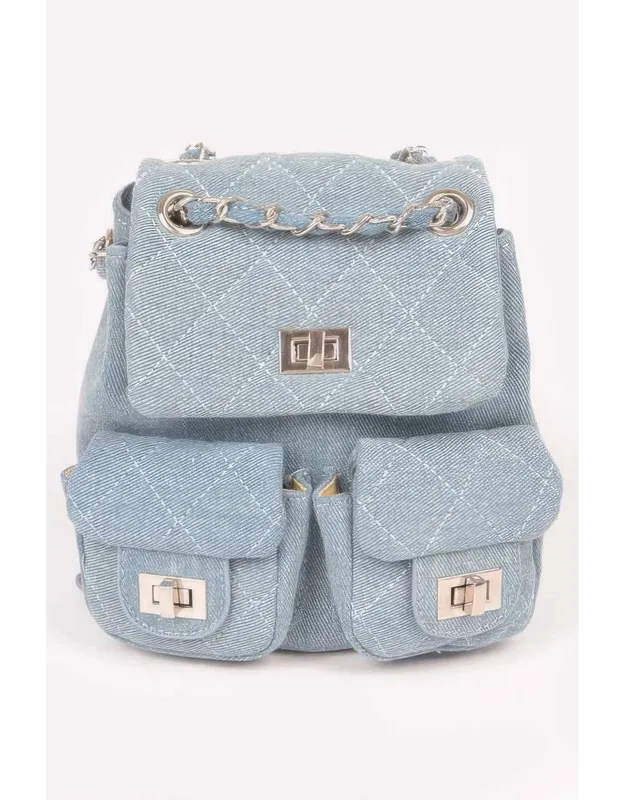 Quilted Denim Double Pocket Front Backpack