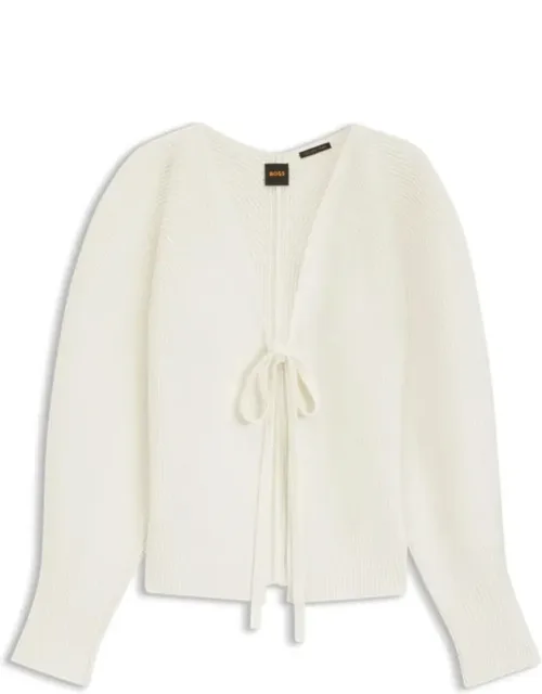 Tie-front Rib-knit Cardigan With Balloon Sleeves
