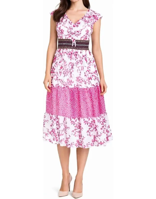 V Neck Chiffon Printed Midi Dress