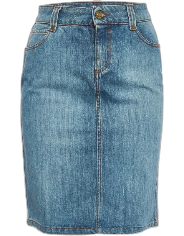 Floral Embroidered Denim Pencil Skirt