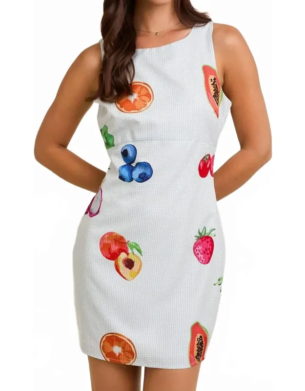 Sleeveless Fruit Print Gingham Mini Dress
