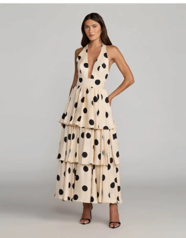 Halter Neck Polka Dot Ruffle Maxi Dress