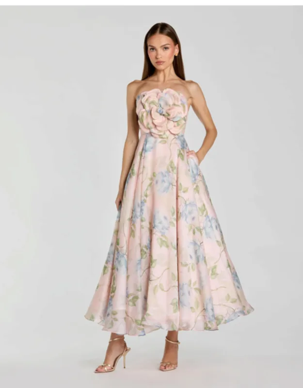Strapless Floral Organza Midi Dress With Flower