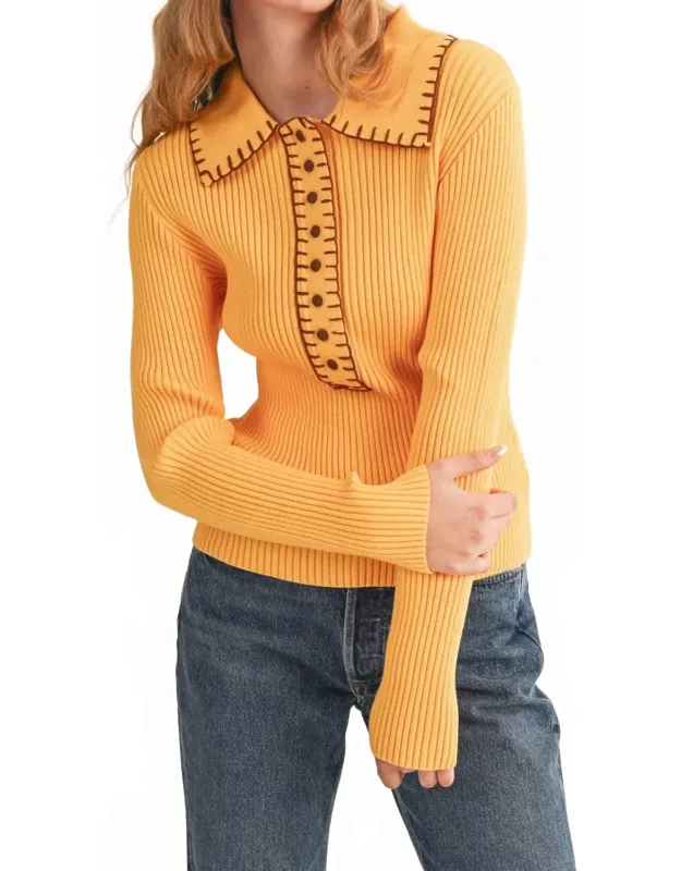 Collared Ribbed Sweater With Contrast Stitch