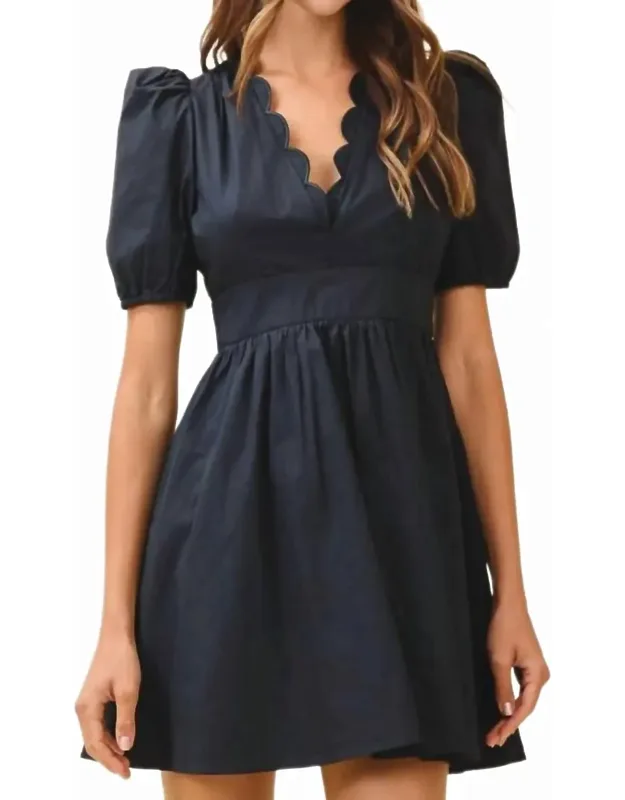 Scalloped V Neck Puff Sleeve Dress