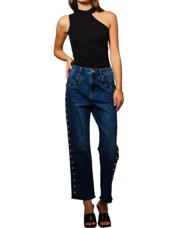 Metal Studded Mid Rise Straight Fit Jeans