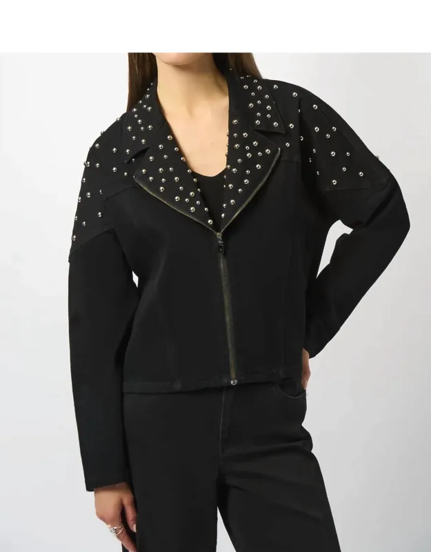Studded Stretch Denim V-neck Jacket
