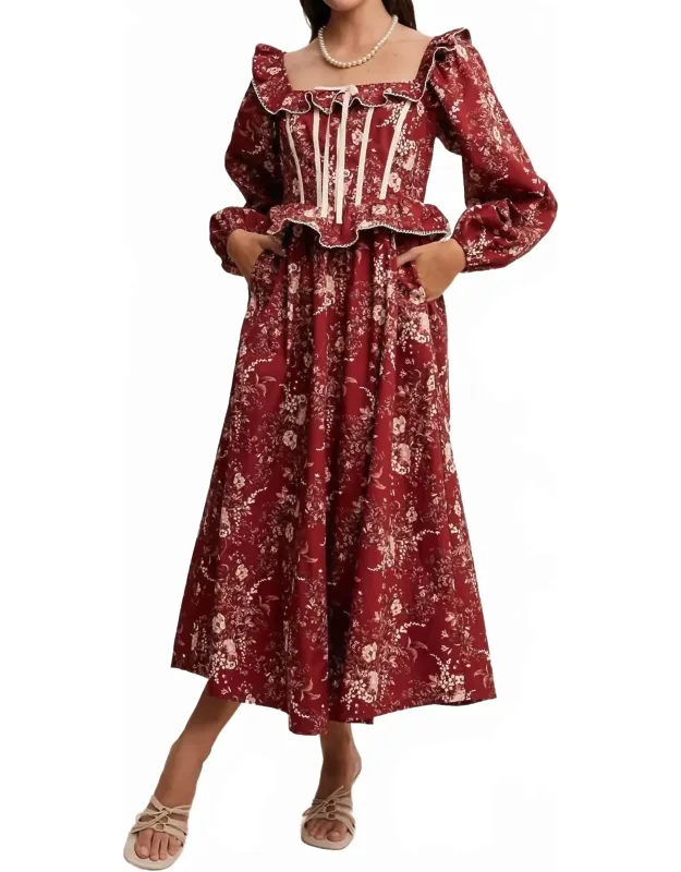 Floral Corset Ruffle Midi Dress