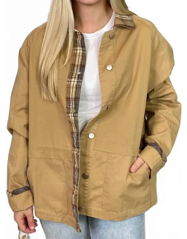 Washed Barn Coat With Plaid Trim