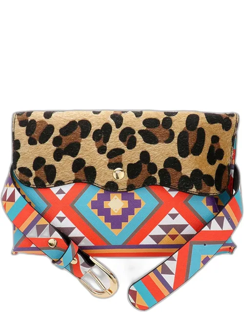 Leopard Patterned Faux Leather Fanny Pack / Crossbody Bag With Detachable Chain Strap And Snap Button Closure