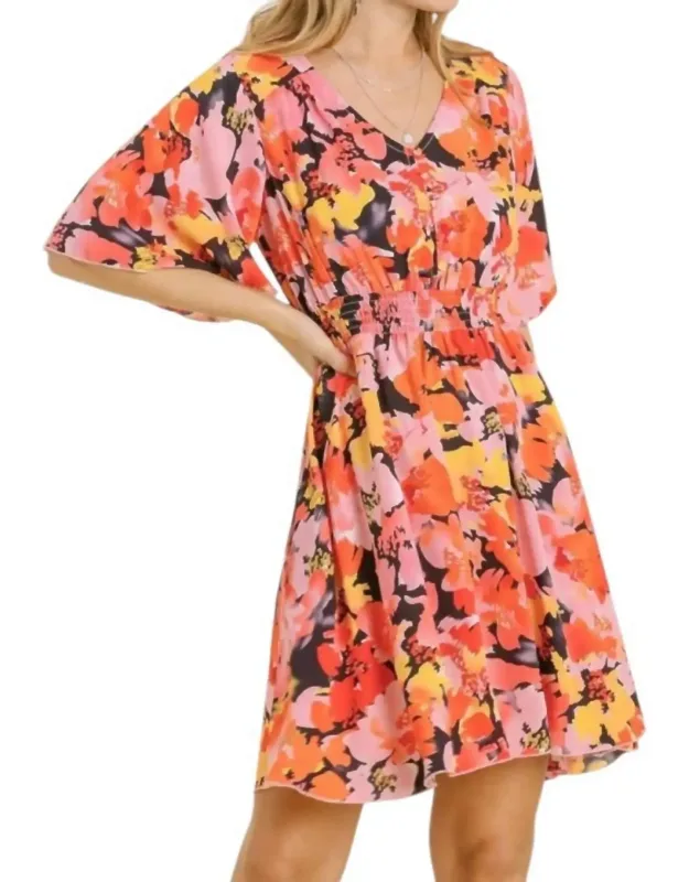Mixed Print V-neck Dress With Ruffle Sleeves