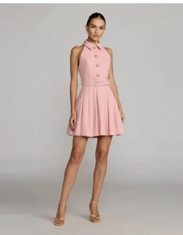 Pleated A Line Mini Dress With Pearl Button Detail