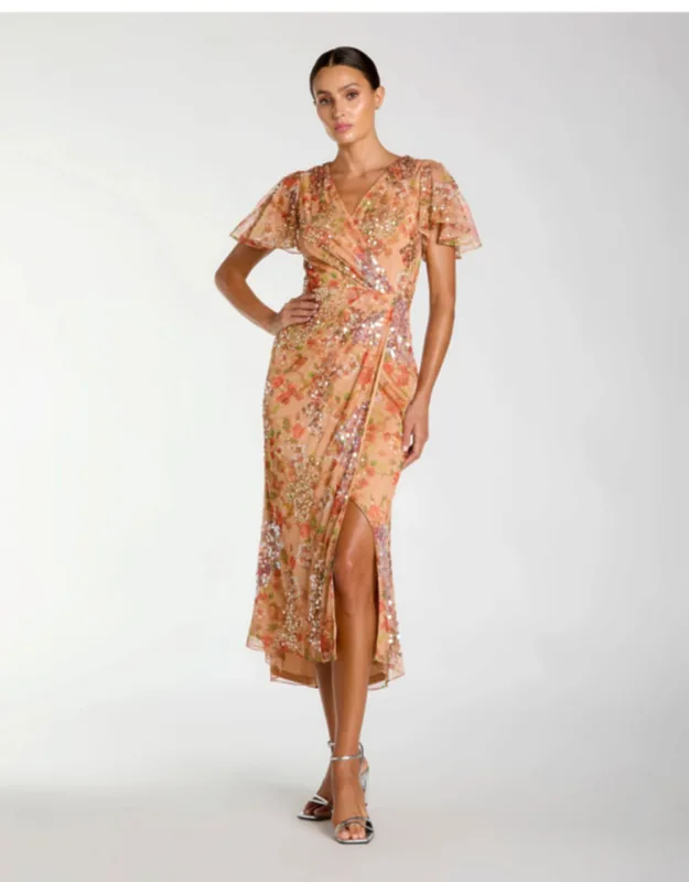 Embellished Floral Flutter Sleeve Midi Dress