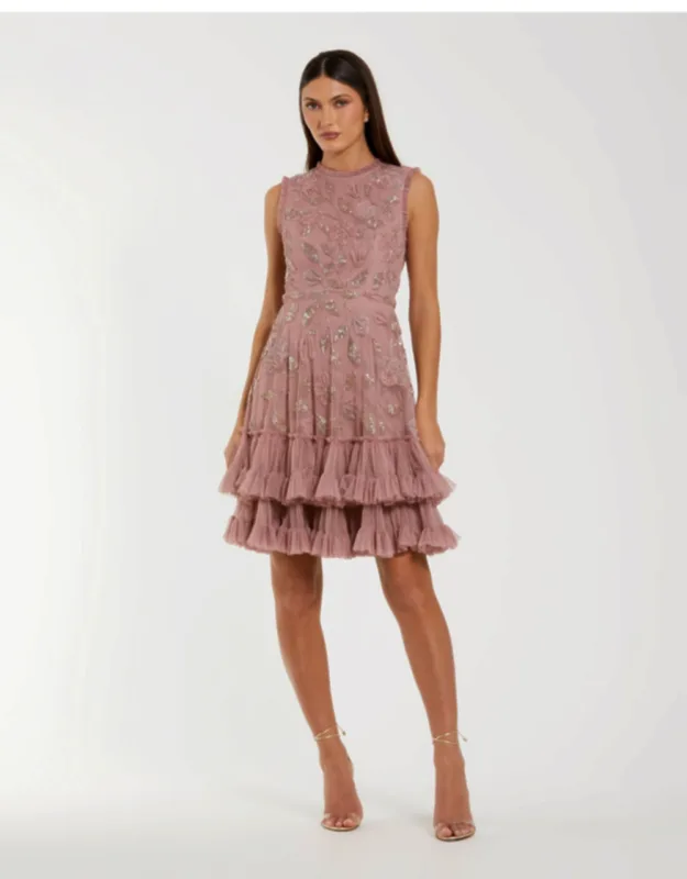 High Neck Sleeveless Beaded Dress With Ruffled Hem