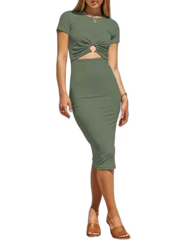 Short Sleeve Solid Rib Midi Dress