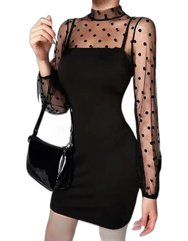 Polka Dot Mesh Sleeve Mini Dress