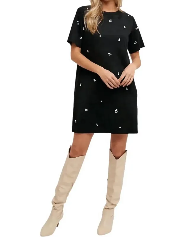 Rhinestone Embellished Suede Shift Mini Dress