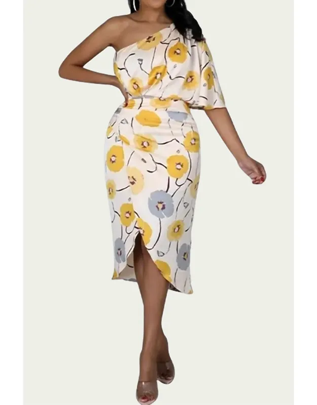 One-shoulder Ruched Floral-print Midi Dress