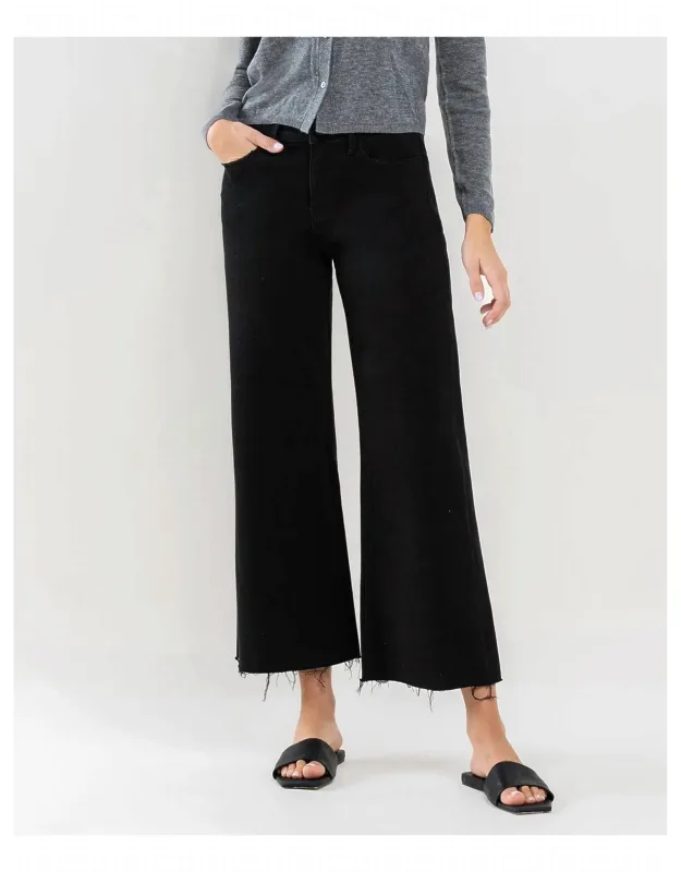 High Rise Raw Hem Crop Wide Leg Jeans